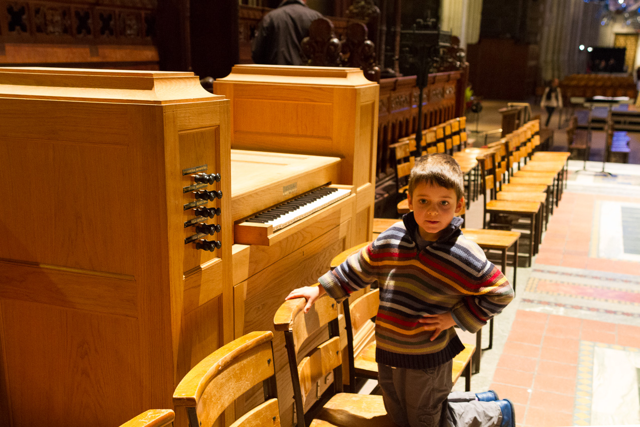  October 13, 2014 - Back in the Cathedral of St. John the Divine, for an organ demo and a chance for Peter to play too. The Great Organ was built by the Ernest M. Skinner Company in 1910 as Op. 150, and rebuilt and enlarged by G. Donald Harrison of Aeolian-Skinner in 1954 as Op. 150-A. After a devastating fire in 2001, the Great Organ was painstakingly restored by Quimby Pipe Organs of Warrensburgh, Missouri under the supervision of Douglass Hunt, Organ Curator of the Cathedral.