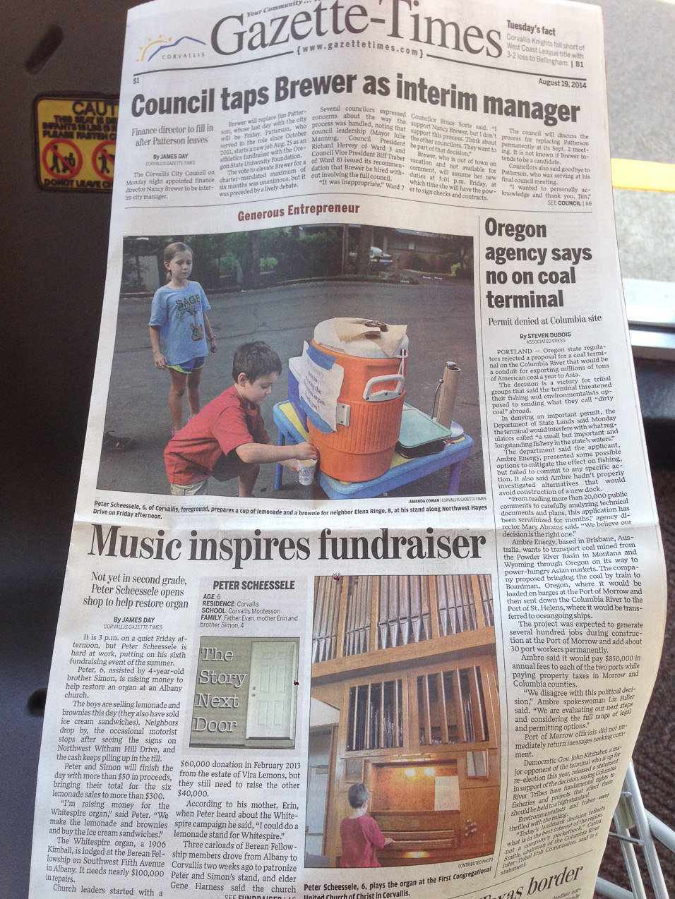  August 19, 2014 - See: http://www.gazettetimes.com/news/local/year-old-starts-fund-raising-campaign-for-whitespires-organ/article_e918499c-272e-11e4-bc2a-0019bb2963f4.html and http://www.kmtr.com/news/local/Brothers-start-lemonade-stand-to-help-cover-35000-Albany-church-organ-repairs-272078871.html